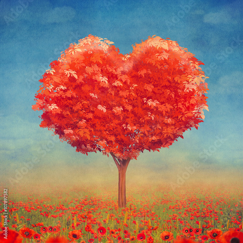 Tree  of hearts in field, valentines day background,illustration art