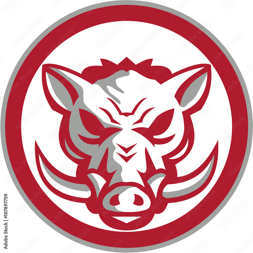 Fototapeta premium Wild Boar Razorback Head Angry Circle Retro