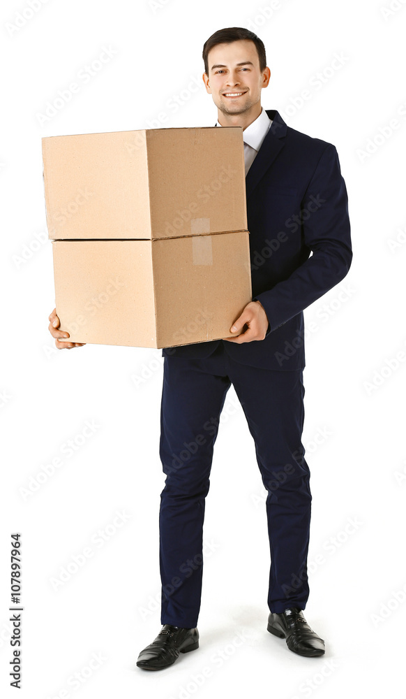 Man in suit holding carton boxes isolated on white background Man in suit holding carton boxes isolated on white background