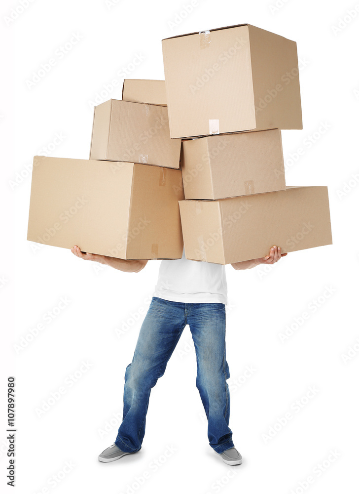 Man holding pile of carton boxes isolated on white background Man holding pile of carton boxes isolated on white background
