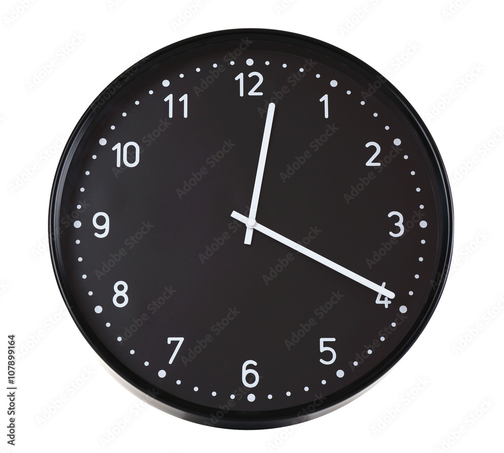 Round black wall clock, isolated on white Round black wall clock, isolated on white