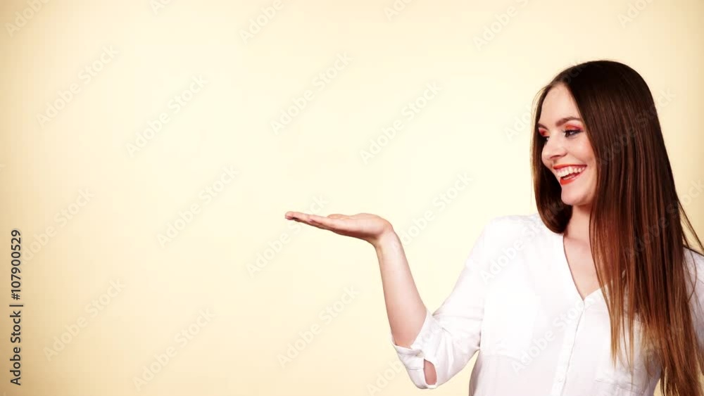 Woman holds empty hand copy space for product 4K