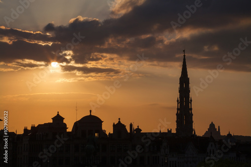 Brussels - Silhouette from Monts des Arts in evening.