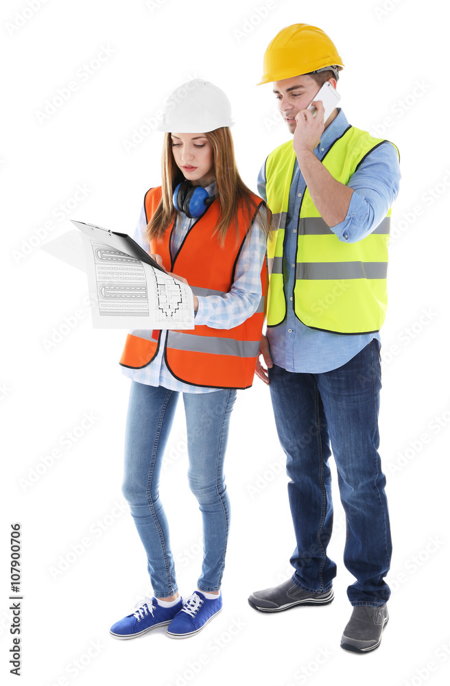 Two architects at work isolated on white