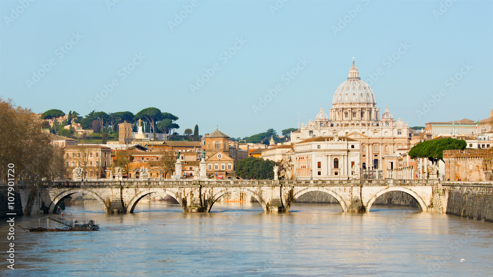 Rome - Angels bridge and St. Peter s basilica in morning