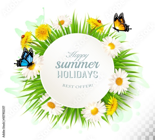 Happy summer holidays background with poppies, daisies and butte