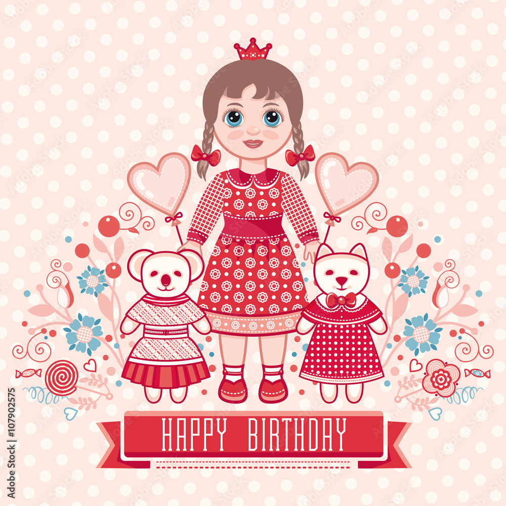 Fototapeta premium Happy birthday - greetings card for girl . Illustration of cute little princess.