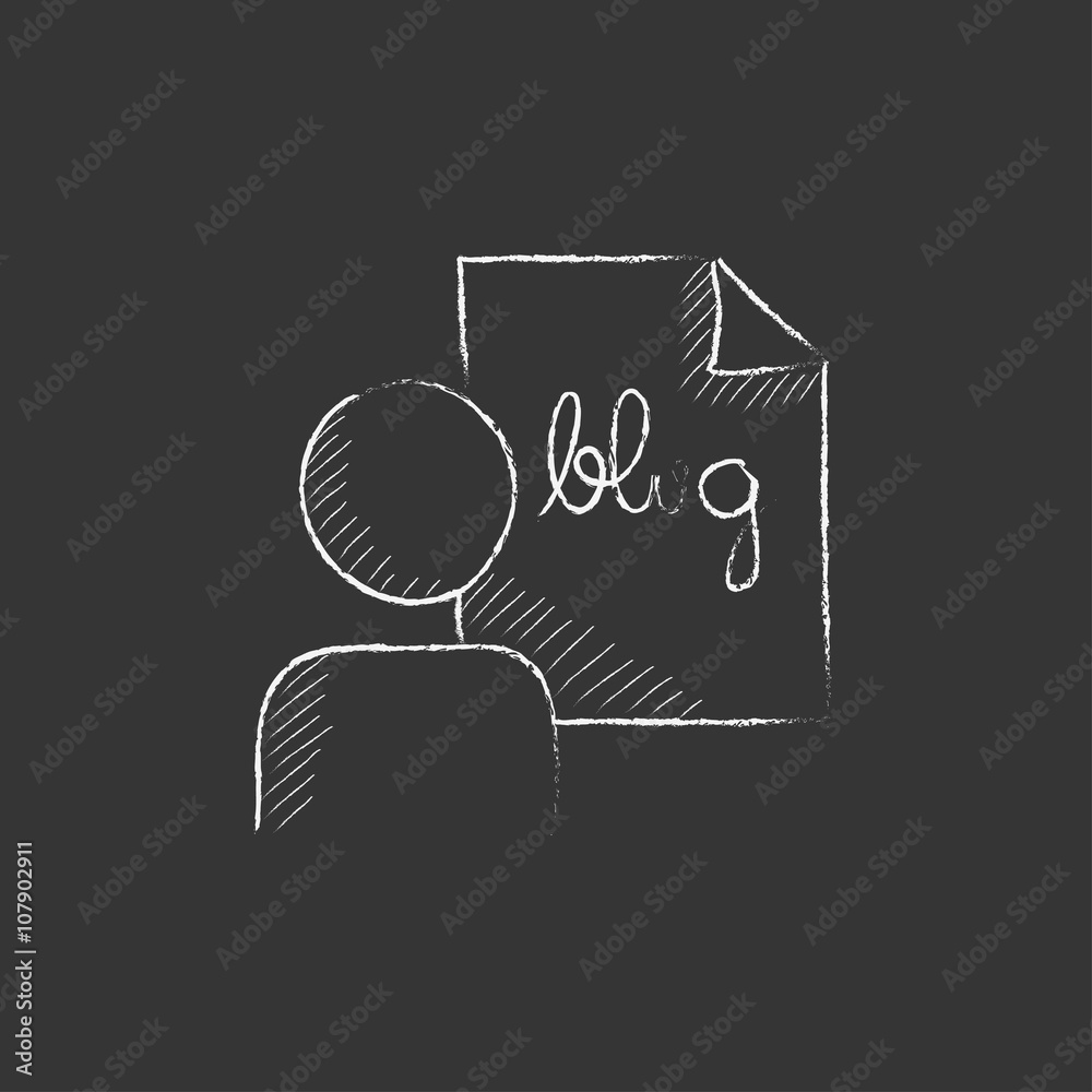 Man and sheet with word blog. Drawn in chalk icon. Man and sheet with word blog. Drawn in chalk icon.