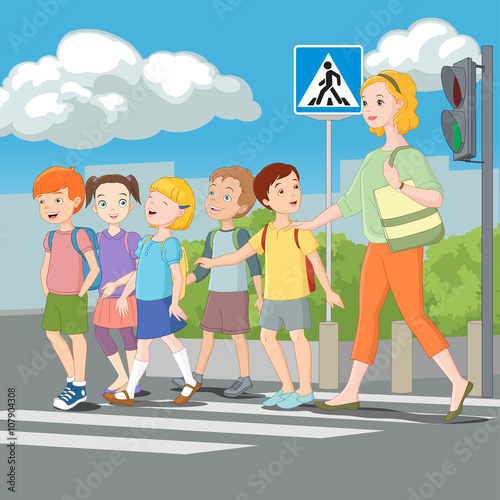 Kids crossing road with teacher. Vector illustration.