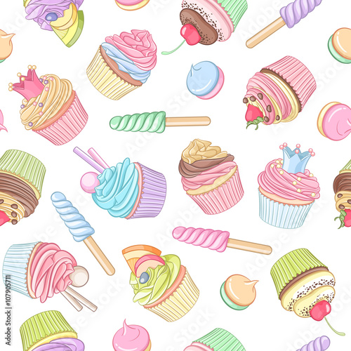 Colorful cupcake lollipop marshmallow seamless pattern. Vector illustration.