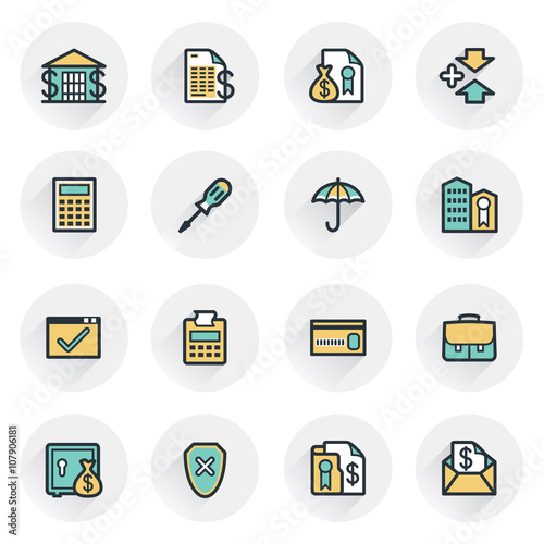 Banking icons. Contour lines with color fills. Flat design.