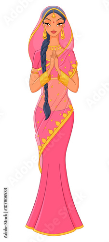 Beautiful indian girl in pink traditional saree. Vector illustra