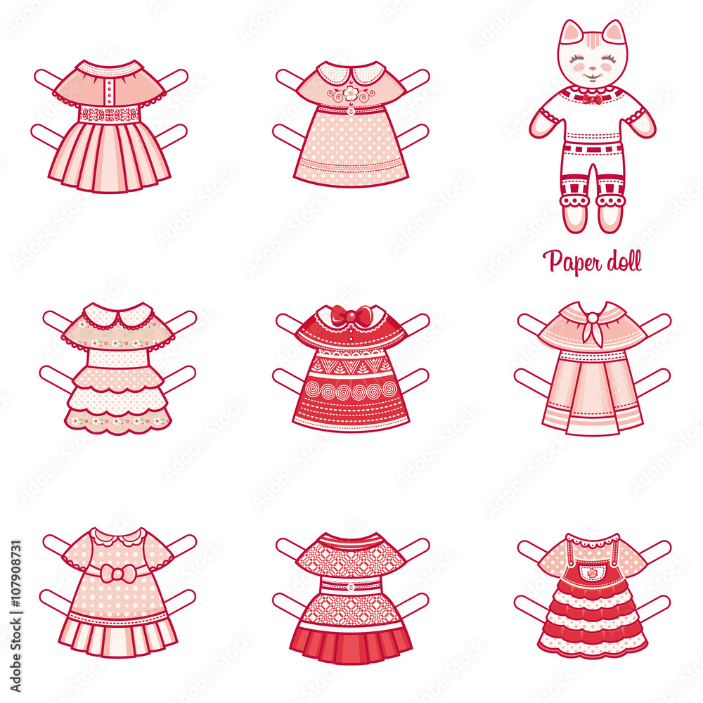 Paper doll with a set of fashion clothes. Cute cat. Template for cutting.  Vector illustration on white background Stock Vector | Adobe Stock