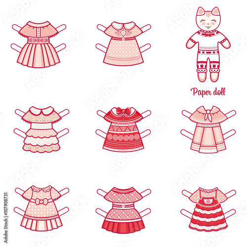 Paper doll with a set of fashion clothes. Cute cat. Template for cutting. Vector illustration on white background