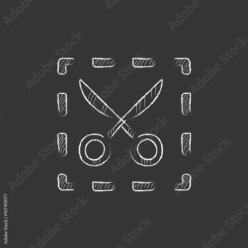 Scissors with dotted lines. Drawn in chalk icon.