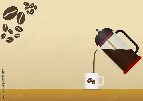 Illustration of A French Press of Coffee Poured into Porcelain Mug for Text Background of Cafe Related Project