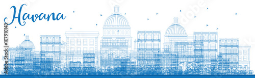 Outline Havana Skyline with Blue Buildings.