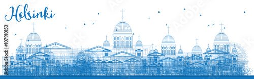 Outline Helsinki Skyline with Blue Buildings.
