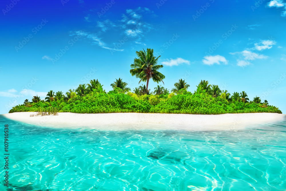 Whole tropical island within atoll in tropical Ocean. - obrazy, fototapety, plakaty 