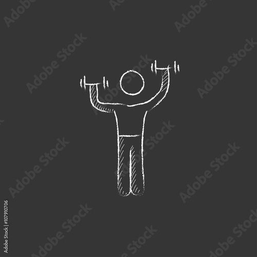 Man exercising with dumbbells. Drawn in chalk icon.