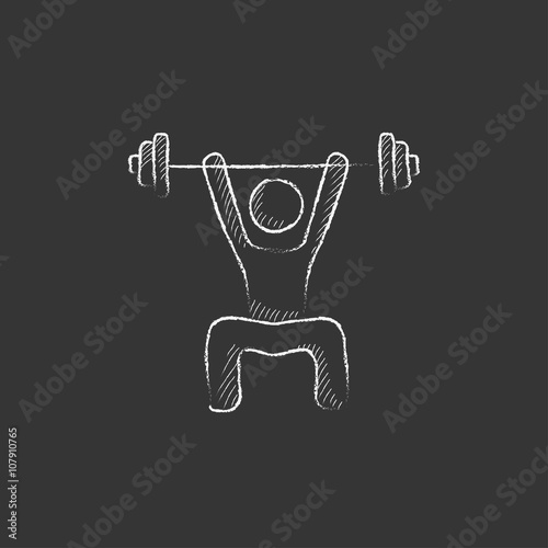 Man exercising with barbell. Drawn in chalk icon.