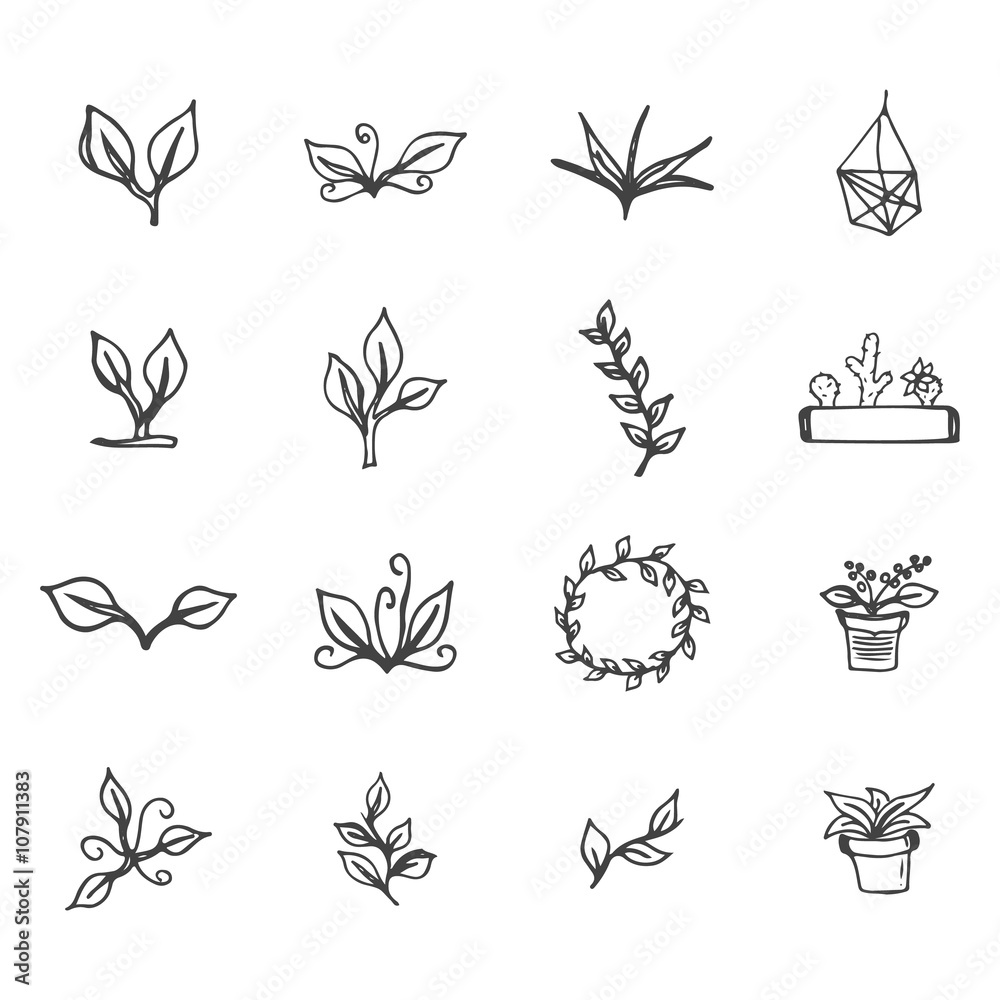 Set of hand drawn flowers, leaves, cactus and flower pots. Spring ink floral design with leaves and wreath for easter.