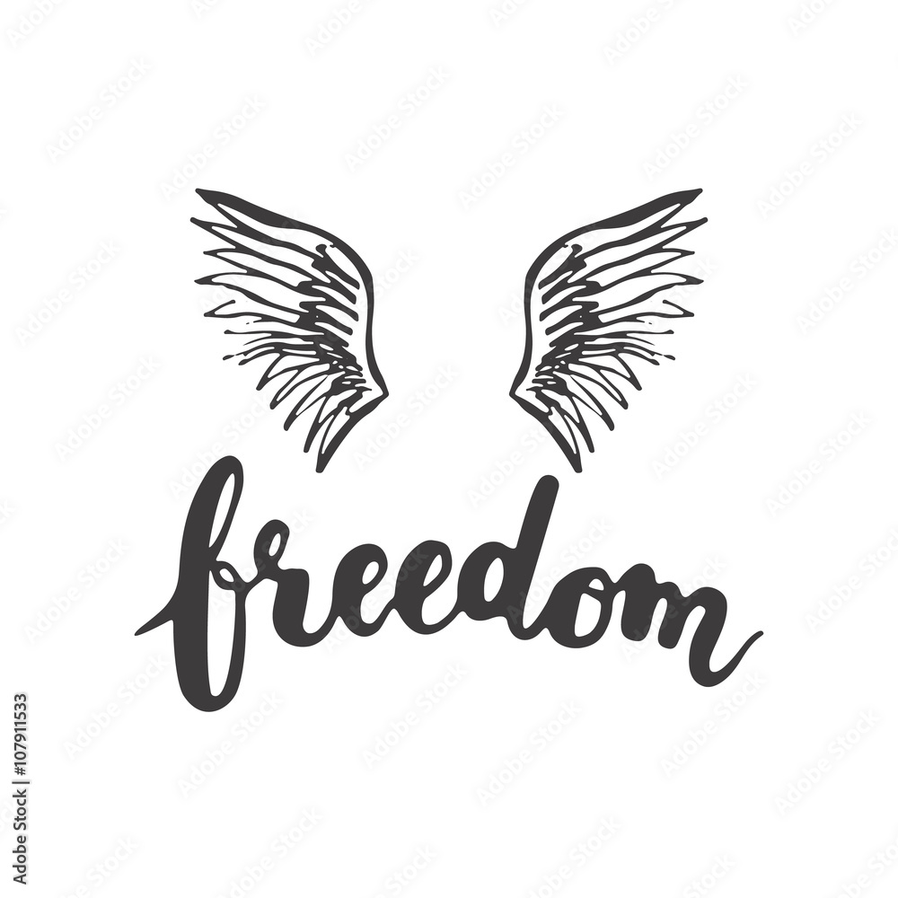 Obraz premium Hand drawn typography lettering phrase Freedom with birds wings on the white background. 