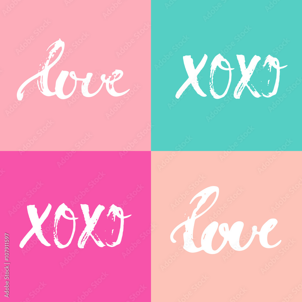 Hand drawn typography lettering four words Love and XOXO on the colorful background. Hand drawn typography lettering four words Love and XOXO on the colorful background.