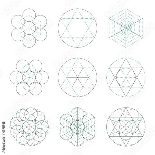 Set of nine symbols of sacred geometry. Linear character  for tattoo black and blue lines on the white isolated