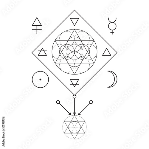 Symbol of alchemy and sacred geometry. Three primes: spirit, soul, body and 4 basic elements: Earth, Water, Air, Fire