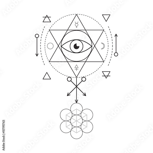 Symbol of alchemy and sacred geometry. Three primes: spirit, soul, body and 4 basic elements: Earth, Water, Air, Fire