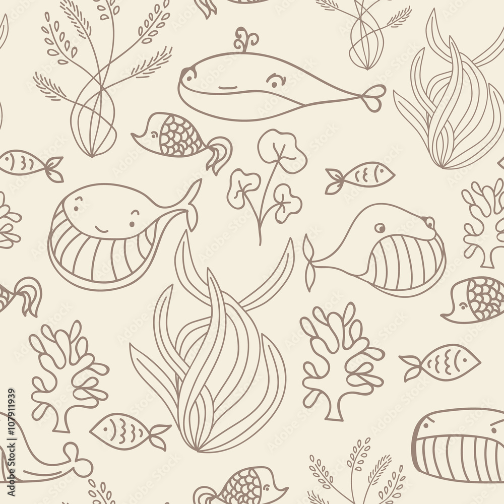Beige and brown oceanic sea seamless pattern with cute whale. Great background for sea party invitation or tile textile.