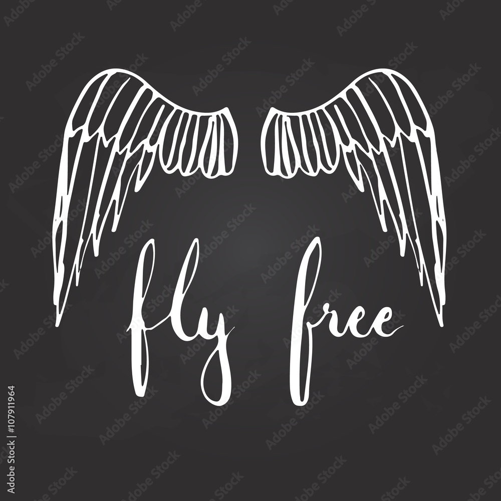 Fototapeta premium Hand drawn typography lettering phrase Fly free with birds wings on the black background.