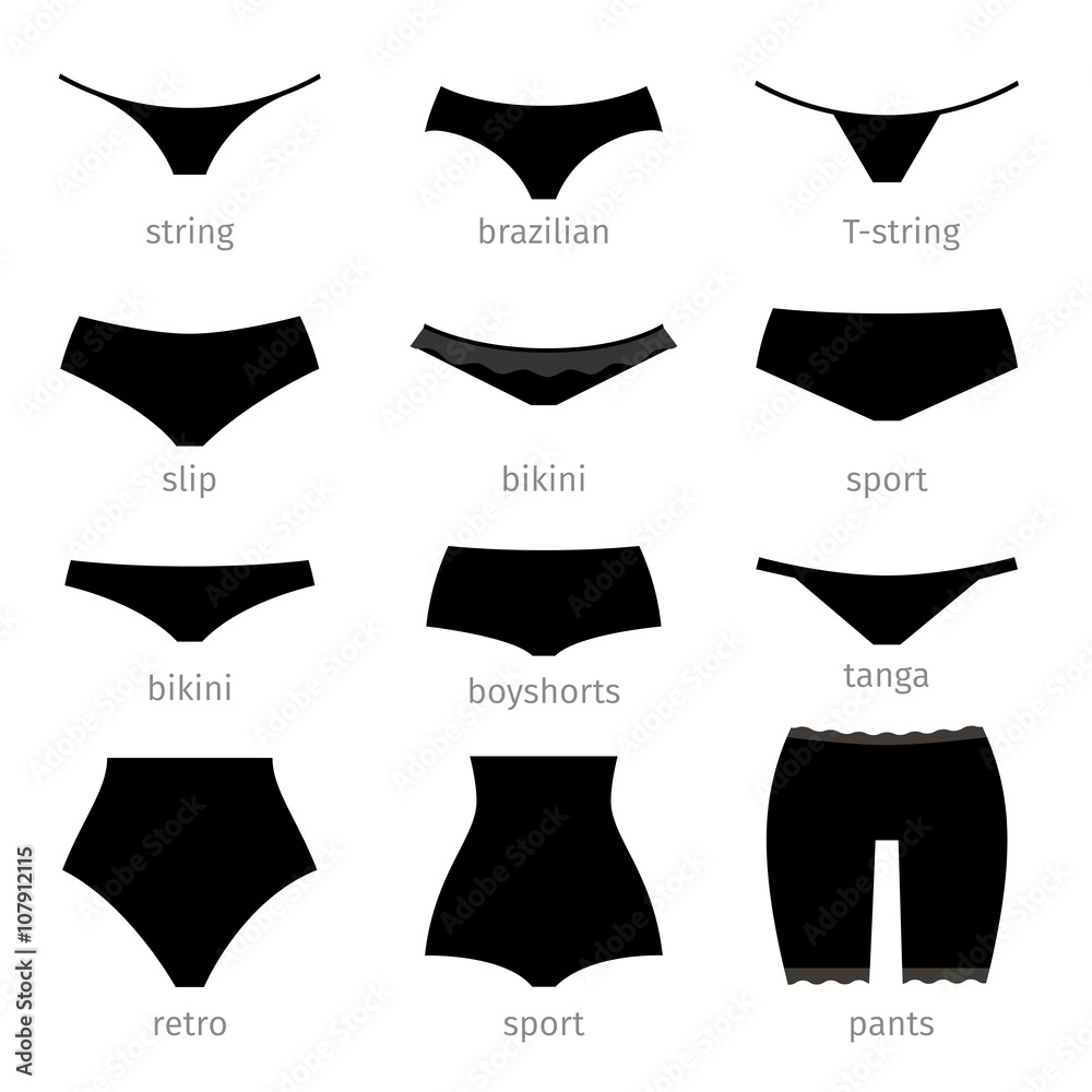 Women panties icons. Different types of woman pants. String and bikini,  sport and slip panties. Vector illustration Stock Vector | Adobe Stock