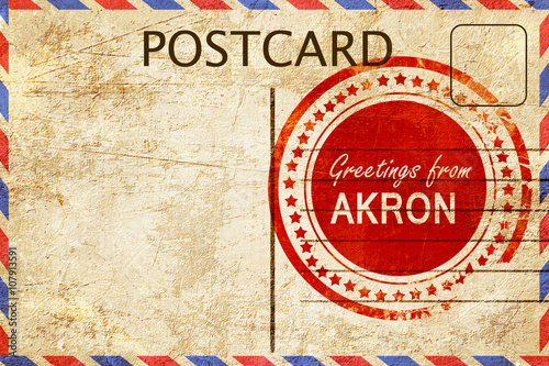 akron stamp on a vintage, old postcard photo