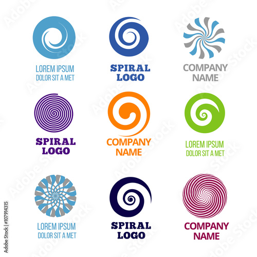 Spiral and swirl logos vector set. Company name spiral label, badge logo spiral color, emblem color business logo, spiral or swirl cyclic illustration