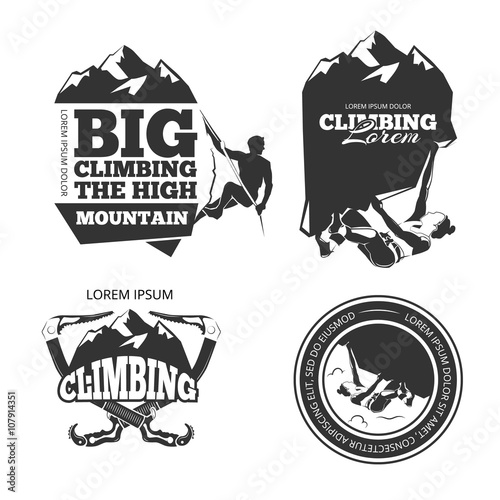 Vintage mountain climbing vector logo and labels set. Sport climbing, emblem climbing, hobby climbing illustration