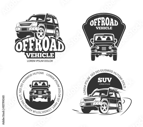 Suv pickup retro vector emblems, logos, badges and labels. Vehicle suv offroad, auto suv pickup, transport suv car label illustration