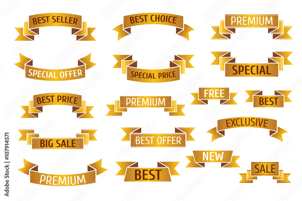 Gold premium sales vector banners set. Golden flag ribbon banner and gold banner sale ribbon, sale banner illustration Gold premium sales vector banners set. Golden flag ribbon banner and gold banner sale ribbon, sale banner illustration