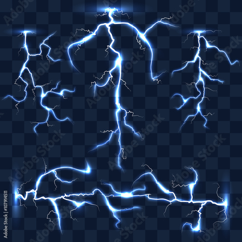 Realistic vector lightnings set on checkered background. Bright lightning, electric lightning, effect lightning energy illustration