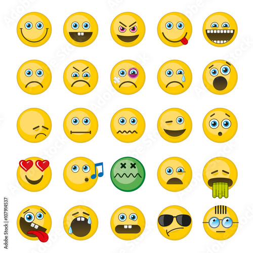 Emoji, emoticons vector icons set. Emotion smiley, angry smiley, cheerful funny smiley, barf smiley illustration