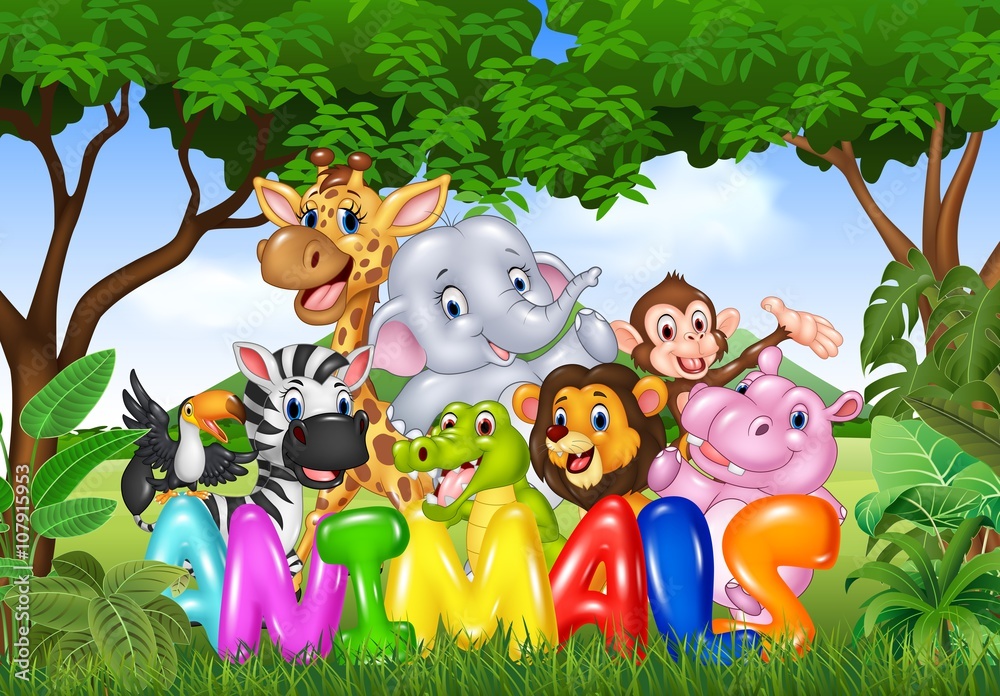 Obraz premium Illustration of Word animal with cartoon wild animal