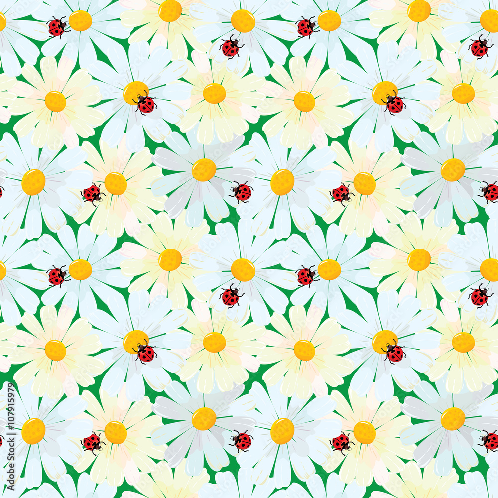 Obraz premium Seamless pattern with chamomile flowers and ladybirds, summer ba
