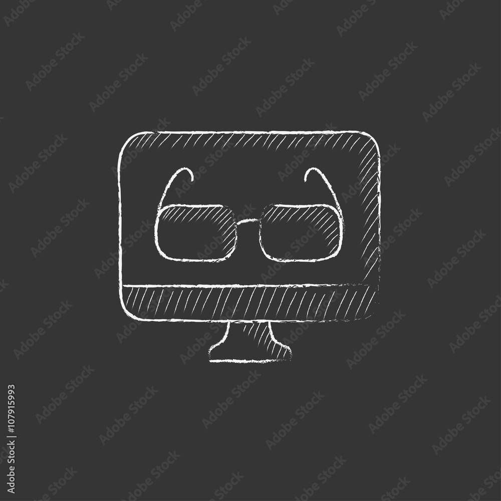 Glasses on computer monitor. Drawn in chalk icon. Glasses on computer monitor. Drawn in chalk icon.