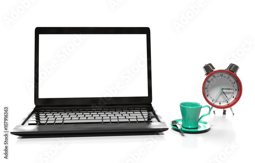 laptop and alarm clock, 3D illustration