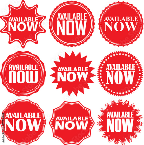 Available now signs set  available now sticker set  vector illustration