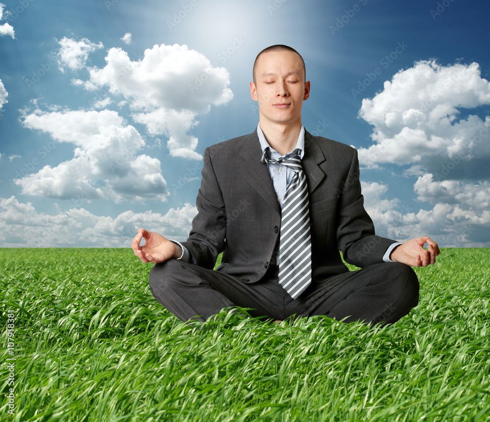 businessman in lotus pose in green grass businessman in lotus pose in green grass