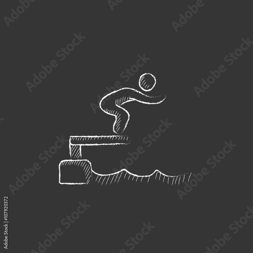Swimmer jumping from starting block in pool. Drawn in chalk icon.