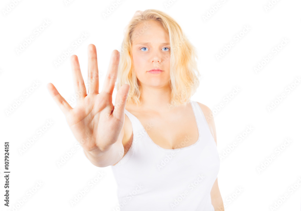 Woman signing STOP with her hand Woman signing STOP with her hand