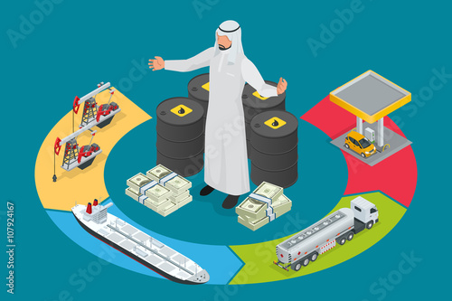Arab oil tycoon. Metal oil barrel. Oil, petroleum, tank car, tanker. Oil industry business. Flat 3d isometric infographic vector illustration.